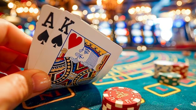 Live poker table with dealer and community cards visible